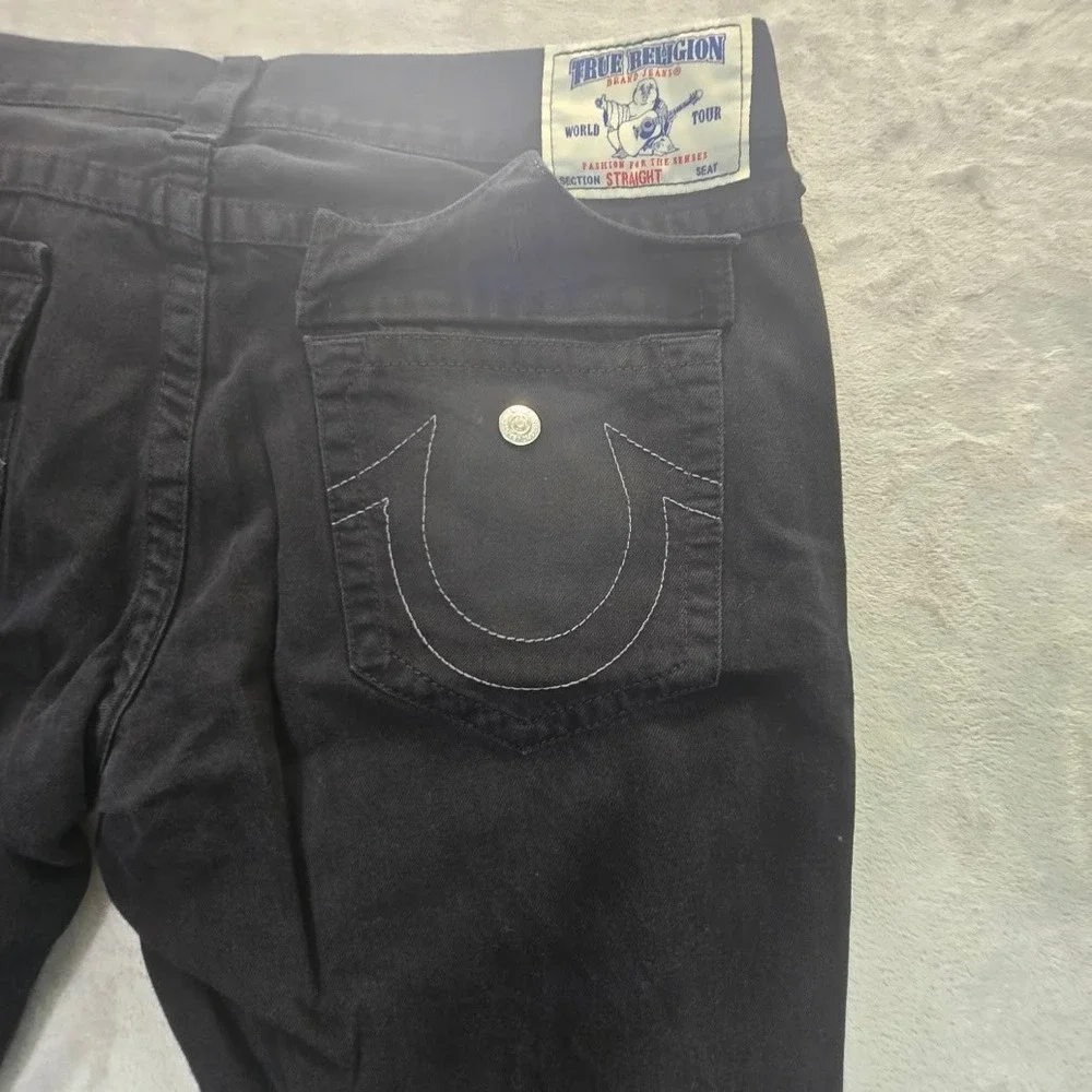 True Religion Straight Leg Jeans Mens 42 Black Denim Horseshoe Flap Pocket